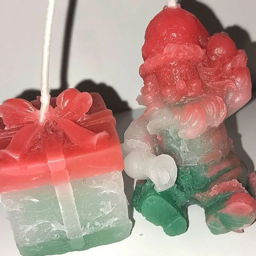 Hand crafted 2 piece holiday Santa's present candle set